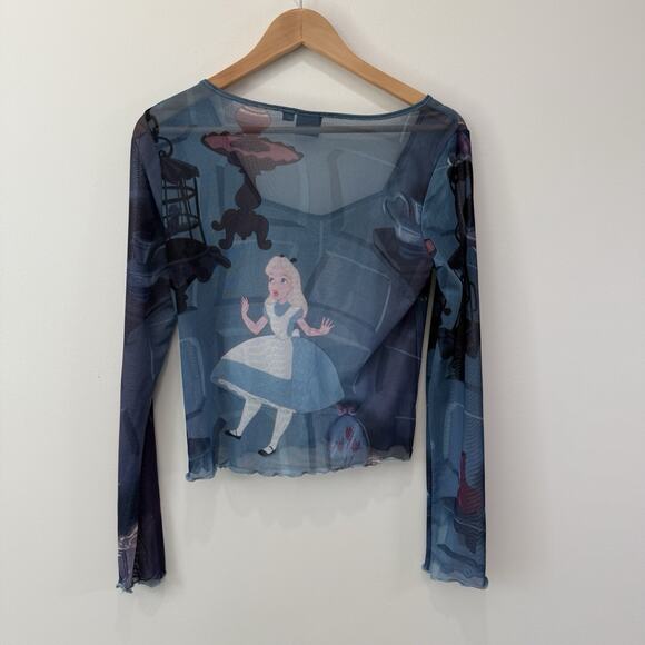 Disney Alice in Wonderland Mesh Graphic Crop Top Sz XL Long Sleeve Ruched Ruffle - Picture 3 of 8